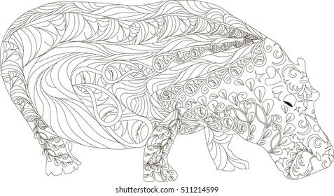 Hand drawn zentangle hippo, black and white anti stress vector illustration