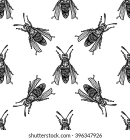 Hand drawn zentangle inspired wasp, seamless background for textile, wrapping, fabric design, wallpapers. Hipster sketched texture.
