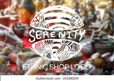 Hand drawn zentangle logo on blurred background. Serenity.  Concept for  ethnic shops, yoga studios, travel agencies and other heartful businesses. Suitable for ads, signboards,  identity designs