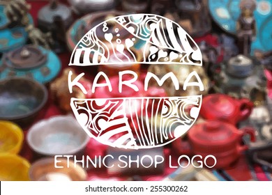 Hand drawn zentangle logo on blurred background. Karma.  Concept for  ethnic shops, yoga studios, travel agencies and other heartful businesses. Suitable for ads, signboards,  identity designs