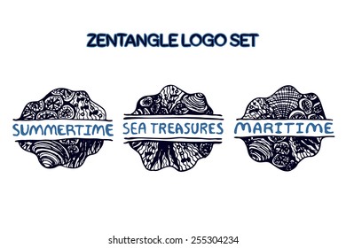 Hand drawn zentangle logo set. Summertime, Sea Treasures, Maritime. Concept for yoga studios, ethnic shops, travel agencies, diving centers, seafood markets and restaurants. 