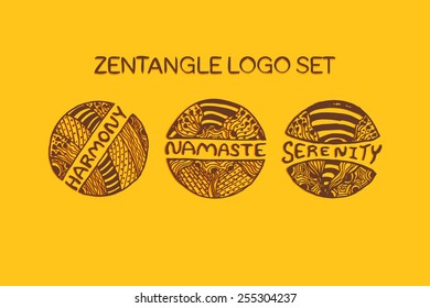 Hand drawn zentangle logo set. Harmony, Namaste, Serenity. Concept for  ethnic shops, yoga studios, travel agencies and other heartful businesses. Suitable for ads, signboards, identity designs