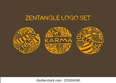 Hand Drawn Zentangle Logo Set. Energy, Karma, Believe. Concept For  Ethnic Shops, Yoga Studios, Travel Agencies And Other Heartful Businesses. 