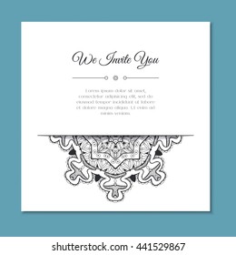Hand drawn zentangle mandala. Abstract doodle border for background decoration. Ornamental black and white design. Good for card, invitation, presentation template, notebook cover. Vector illustration