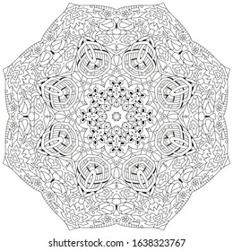 Hand drawn zentangle mandala for coloring page.