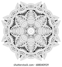 Hand drawn zentangle mandala for coloring page.
