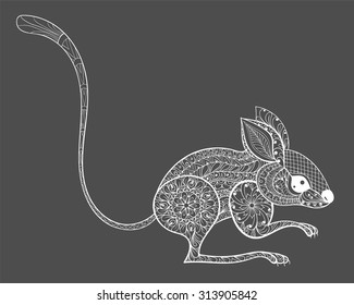 Hand drawn zentangle mouse totem for adult anti-stress Coloring Page with high details isolated on grey background, illustration in doodle style. Vector monochrome sketch for art therapy.