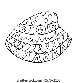 Hand drawn zentangle mussel for coloring page. Ornamental pattern for relax and meditation. Made by trace from sketch.