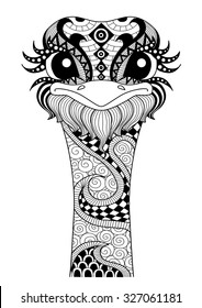Hand drawn zentangle ostrich for coloring page,logo, t shirt design effect and tattoo