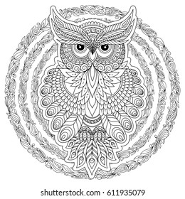 Hand drawn zentangle Owl, bird totem for adult Coloring Page in zentangle style, for tattoo, illustration with high details isolated on white background. Vector monochrome sketch.