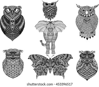 Hand drawn zentangle Owl, Butterfly, Elephant for adult Coloring Page in zentangle style, for tattoo, illustration with high details isolated on white background. Vector monochrome sketch.