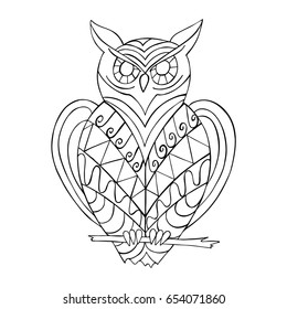 Hand drawn zentangle Owl sitting on branch for coloring page. Freehand sketch for adult anti stress coloring book page. 
