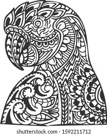 Hand drawn zentangle parrot head for coloring book page