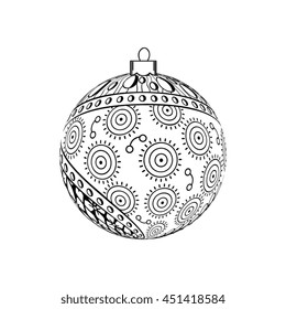 Hand drawn Zentangle pattern with New Year Balls. Zen-tangle style. Use for coloring page of coloring book, cards, package, pattern fills, web pages elements and etc.