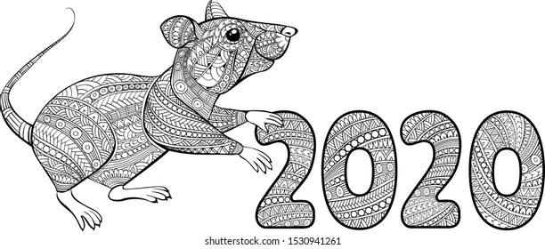 Hand drawn zentangle rat symbol year 2020 and handwritten doodle number 2020 for decorate calendar, banner, poster, invitation, new year card, adult coloring book. Clipart Isolated on white background