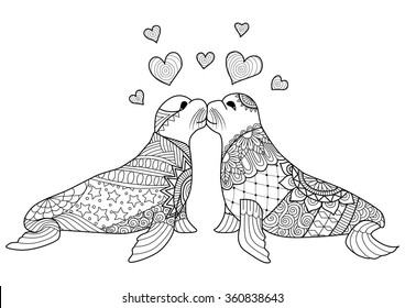 Hand drawn zentangle seals couple kissing for coloring book for adult, valentines and wedding card design element and other decorations