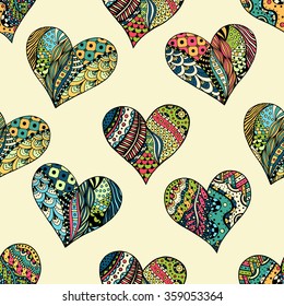 Hand drawn Zentangle seamless pattern with Hearts. Use for cards, invitation, wallpapers, pattern fills, web pages elements and etc.
