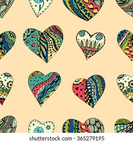 Hand drawn Zentangle seamless pattern with Hearts. Use for cards, invitation, wallpapers, pattern fills, web pages elements and etc.