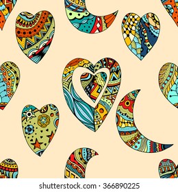Hand drawn Zentangle seamless pattern with Hearts and crescent. Use for cards, invitation, wallpapers, pattern fills, web pages elements and etc.