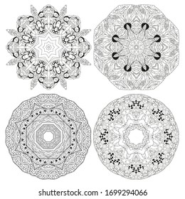 Hand drawn zentangle set of 4 mandalas for coloring page.