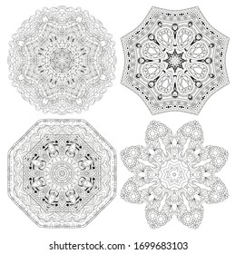Hand drawn zentangle set of 4 mandalas for coloring page.