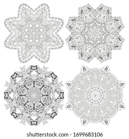Hand drawn zentangle set of 4 mandalas for coloring page.