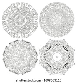 Hand drawn zentangle set of 4 mandalas for coloring page.