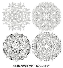 Hand drawn zentangle set of 4 mandalas for coloring page.