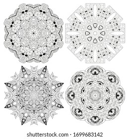 Handgezeichneter Zentangle-Satz von 4 Mandalas für die Färbung der Seite.