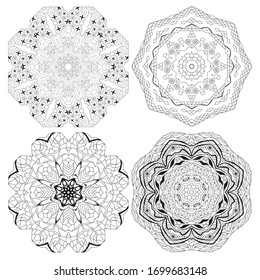 Conjunto zentangle dibujado a mano de 4 mandalas para la página de coloreado.