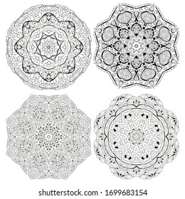 Hand drawn zentangle set of 4 mandalas for coloring page.