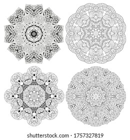 Hand drawn zentangle set of 4 mandalas for coloring page.