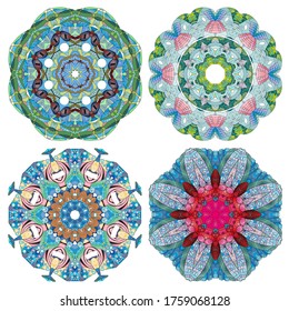 Hand drawn zentangle set of 4 color mandalas for decoration