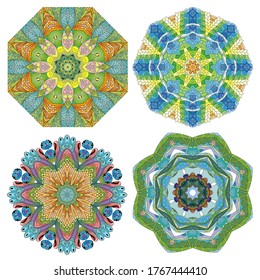 Hand drawn zentangle set of 4 color mandalas for decoration