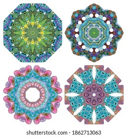 Hand drawn zentangle set of 4 color mandalas for decoration
