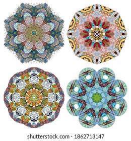 Hand drawn zentangle set of 4 color mandalas for decoration