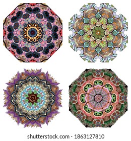 Conjunto de zentángulo dibujado a mano de 4 mandalas de color para la decoración