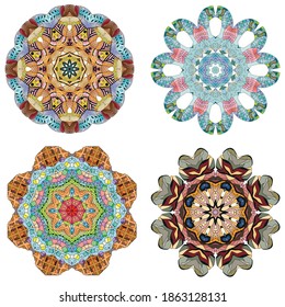 Conjunto de zentángulo dibujado a mano de 4 mandalas de color para la decoración