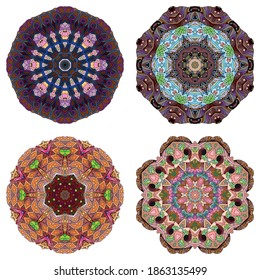 Hand drawn zentangle set of 4 color mandalas for decoration