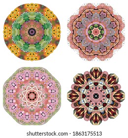 Hand drawn zentangle set of 4 color mandalas for decoration