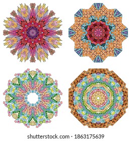 Hand drawn zentangle set of 4 color mandalas for decoration