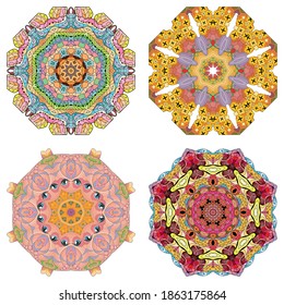 Hand drawn zentangle set of 4 color mandalas for decoration
