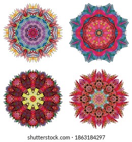 Hand drawn zentangle set of 4 color mandalas for decoration