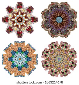 Conjunto de zentángulo dibujado a mano de 4 mandalas de color para la decoración