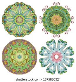 Hand drawn zentangle set of 4 color mandalas for decoration