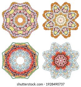 Hand drawn zentangle set of 4 color mandalas for decoration