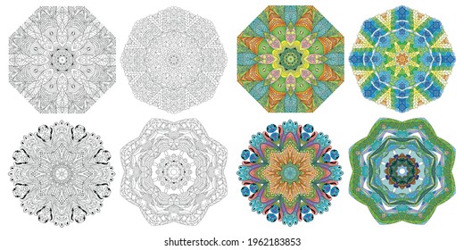 Hand drawn zentangle set of 4 mandalas for coloring page. Color and outline set