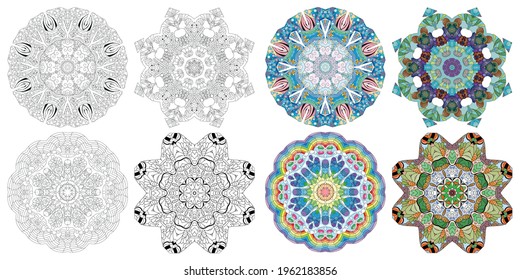 Hand drawn zentangle set of 4 mandalas for coloring page. Color and outline set