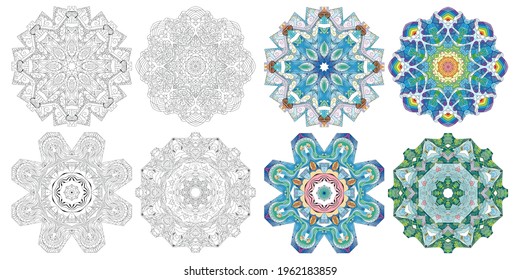 Hand drawn zentangle set of 4 mandalas for coloring page. Color and outline set