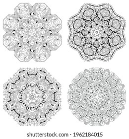 Conjunto de zentángulo dibujado a mano de 4 mandalas para la página de color.